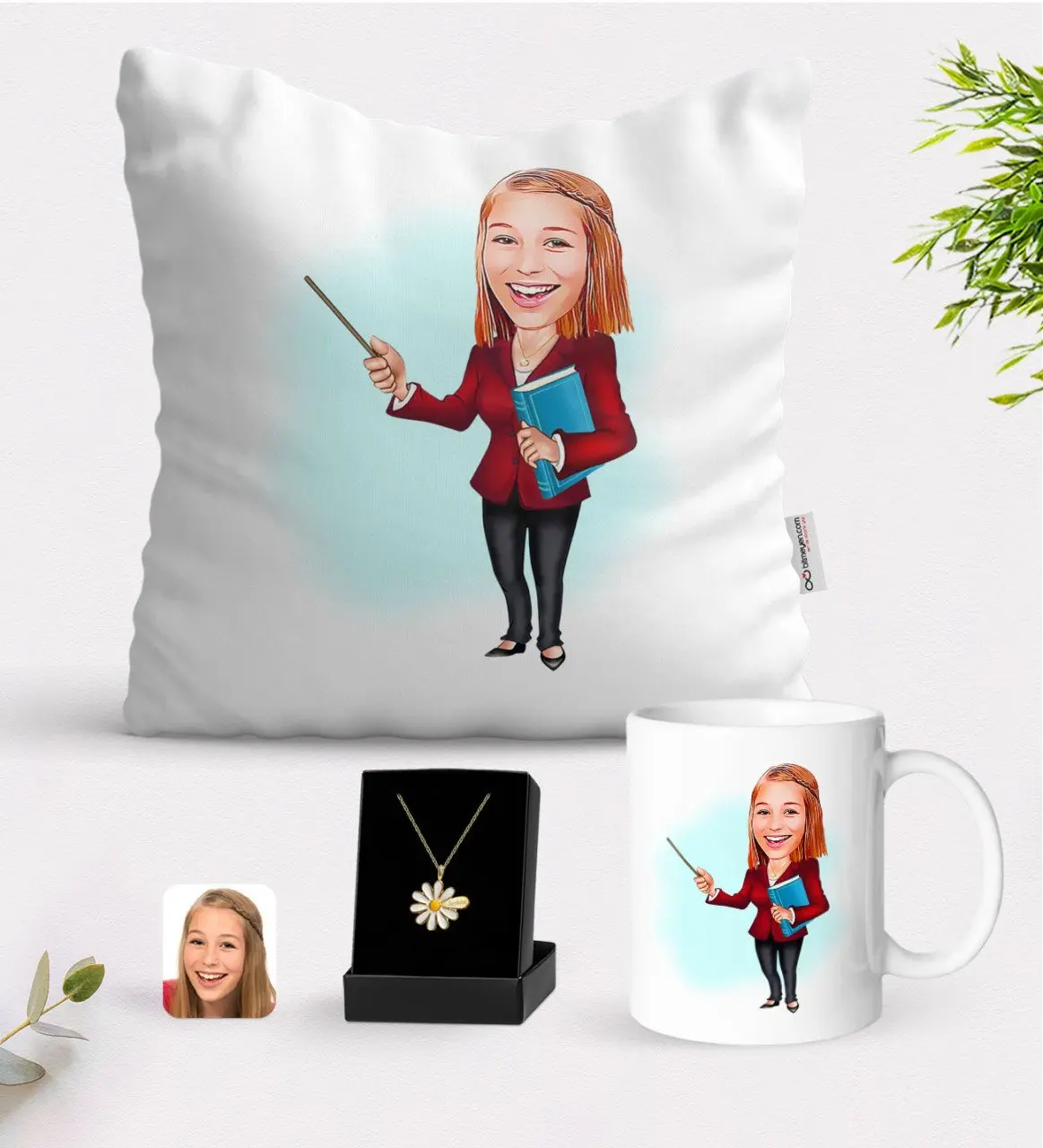 

Персонализированные Для женщин учителя карикатура белая кружка Подушка и ожерелье Маргаритка подарок Seti-3