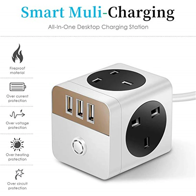 H96 Великобритания Plug Switched 4 Gang 3 USB защита от перенапряжения гнездо питания 2 м