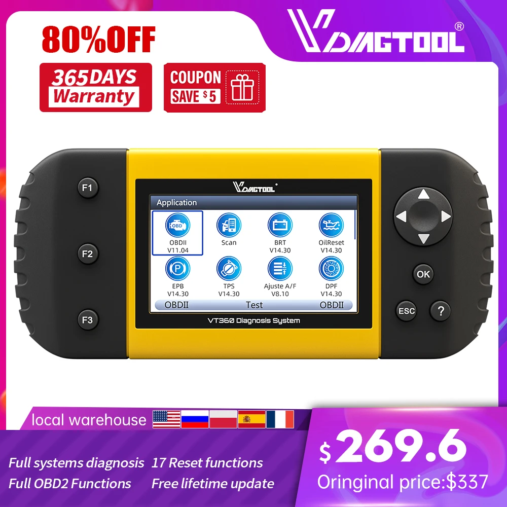 

Автомобильный диагностический инструмент VDIAGTOOL VT360 OBDII, ABS подушка безопасности SAS BRT EPB DPF TPA TPMS OBD2, Автомобильный сканер