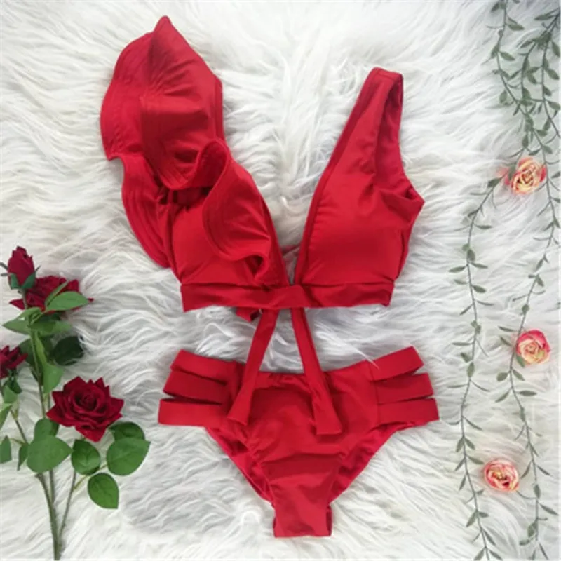 

Floral Ruffled V-neck Bikini Set Swimwear High Waist Bikini Woman 2021 Sexy Swimsuits Lady Girl Beach Bathing Suits Biquinis Hot