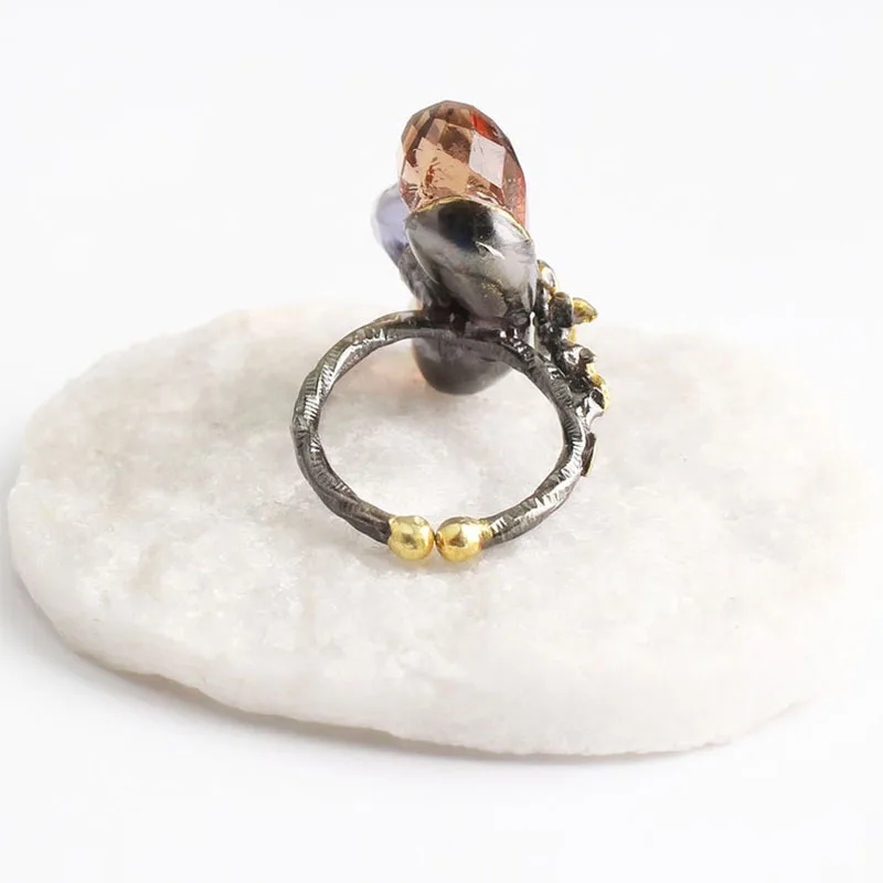 

Two Sultanite and Blue Zircon Womens Gold Plated Silver Ring, Woman 925 Silver Sultanite Handmade Ring, Colorful Oval ring