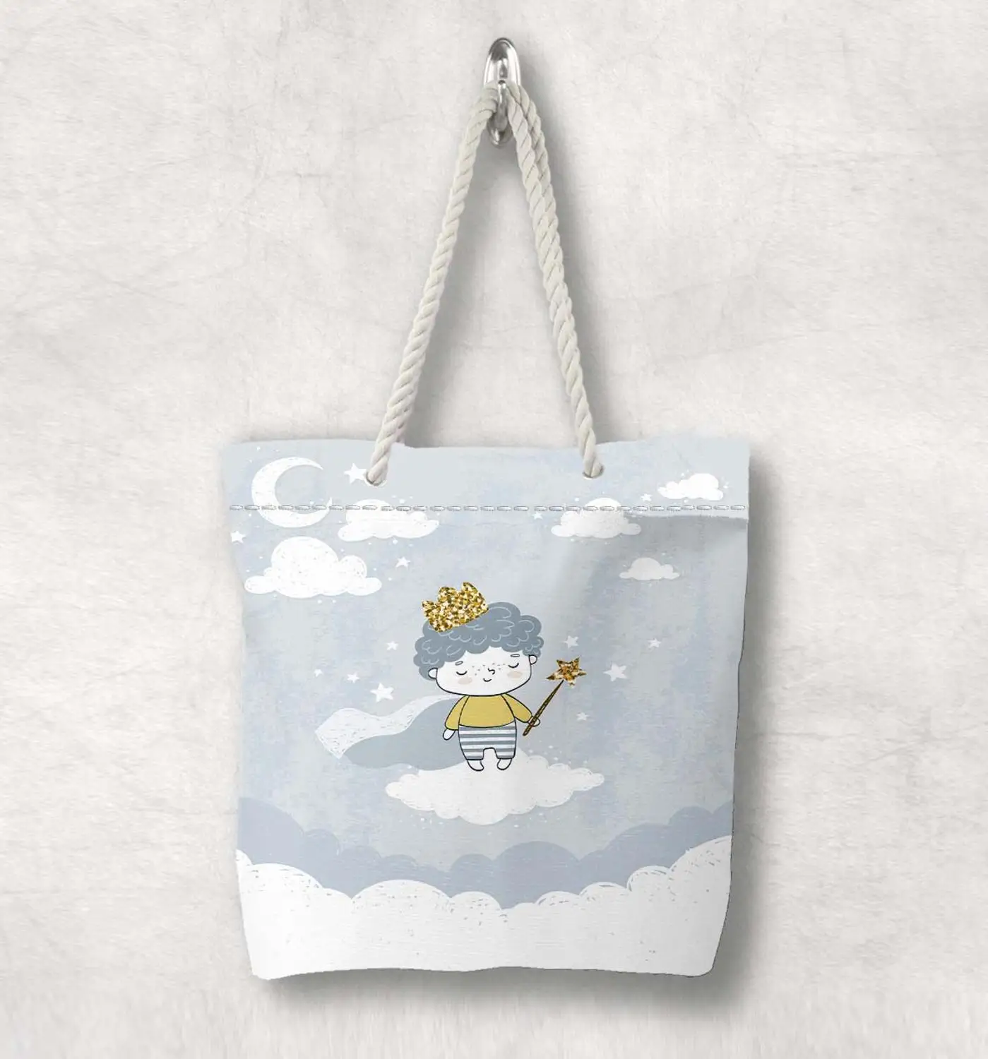 

Else Gray White Clouds Moon Little Prince New Fashion White Rope Handle Canvas Bag Cartoon Print Zippered Tote Bag Shoulder Bag