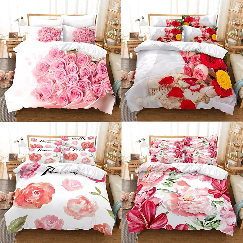

Bedding Set Flower Red Rose Luxury Comforter Duvet Cover Pillowcase Couple Wedding Bed Linen King Queen Single Size No Bed Linen