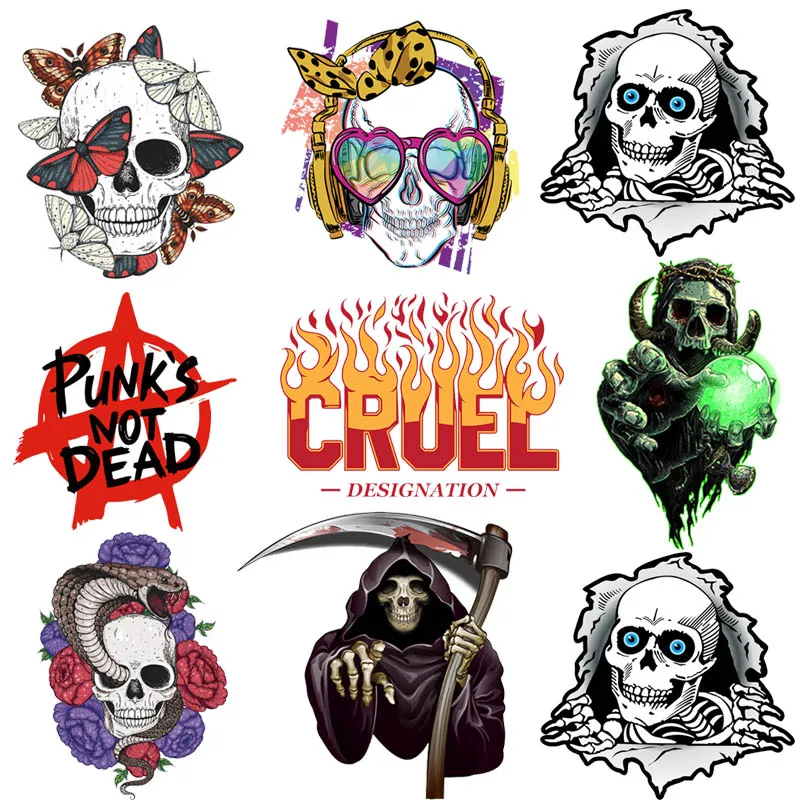 

Skull Heart Stickers Butterfly Letter Transfer Patches For Clothes Punk Iron-On Transfers Thermal Patches For Clothing Washable
