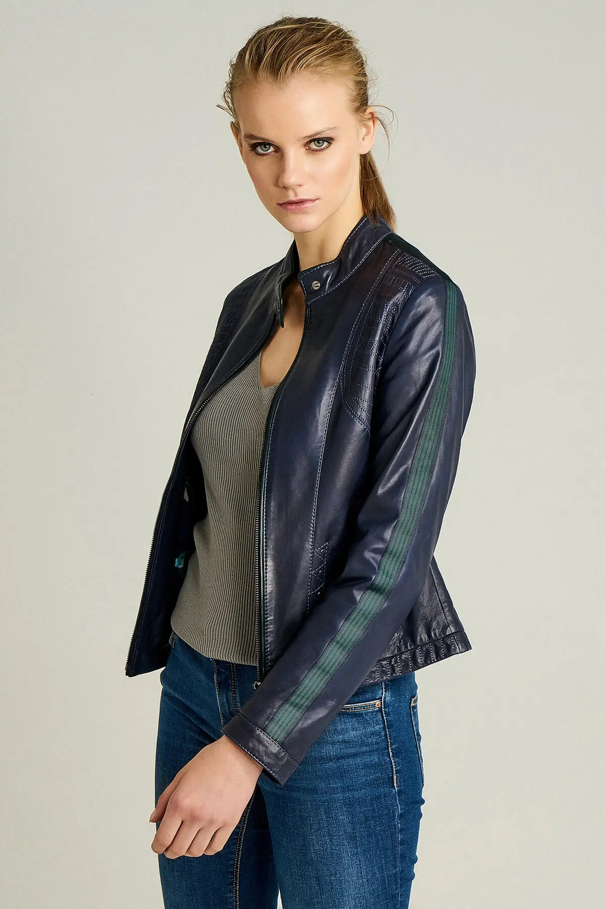 Derimod натуральная кожа Виктория темно-синие женские пальто 18WGD5482A1 | Женская одежда