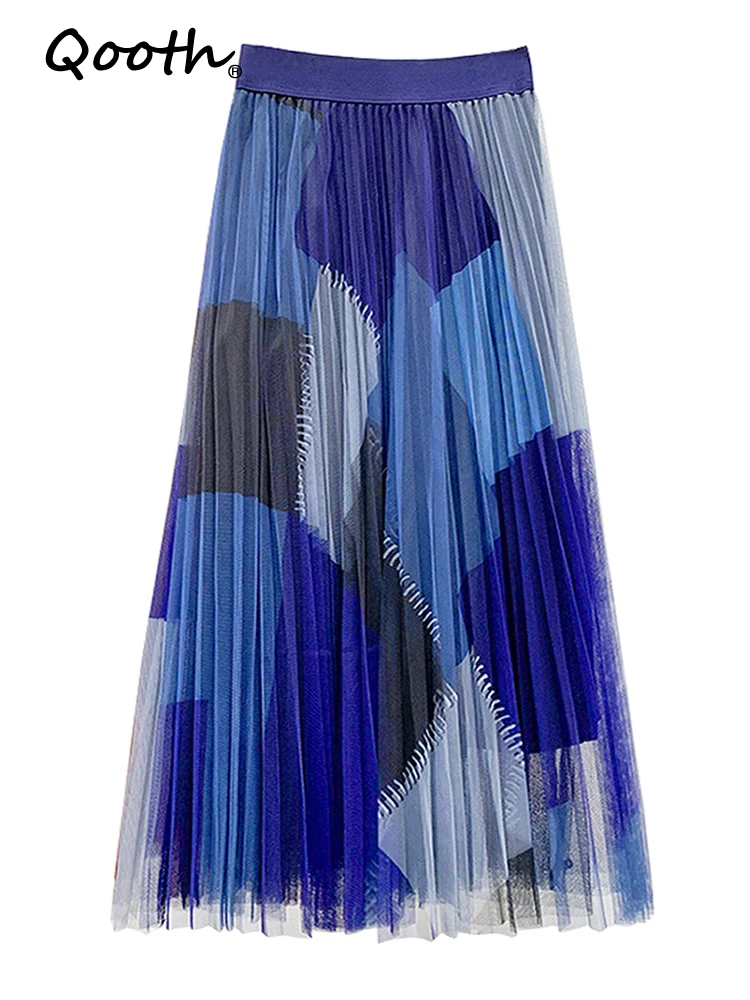 

Qooth 2022 Spring Summer Stitching Color Pleated Skirt Mesh High-waisted Midi Long A-line Skirts QT1248