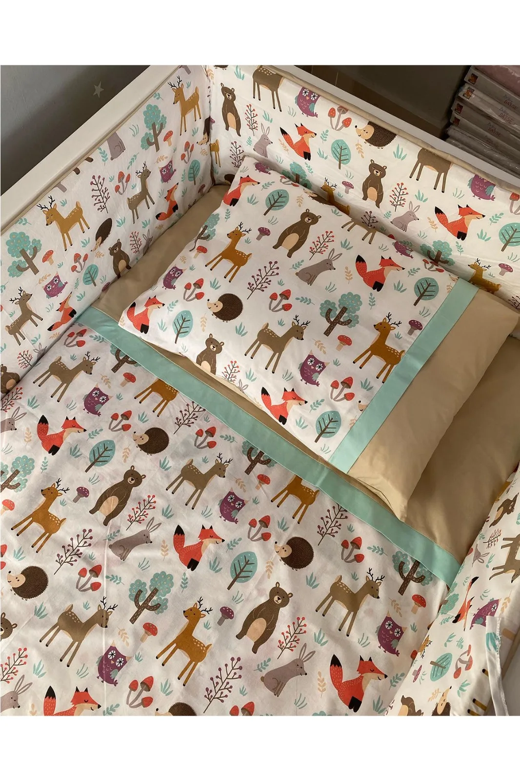 Jaju Baby Handmade, Cute Forest Pattern and Brown Combined Baby Duvet Cover Set and Edge Protection, Baby Bed Sheet