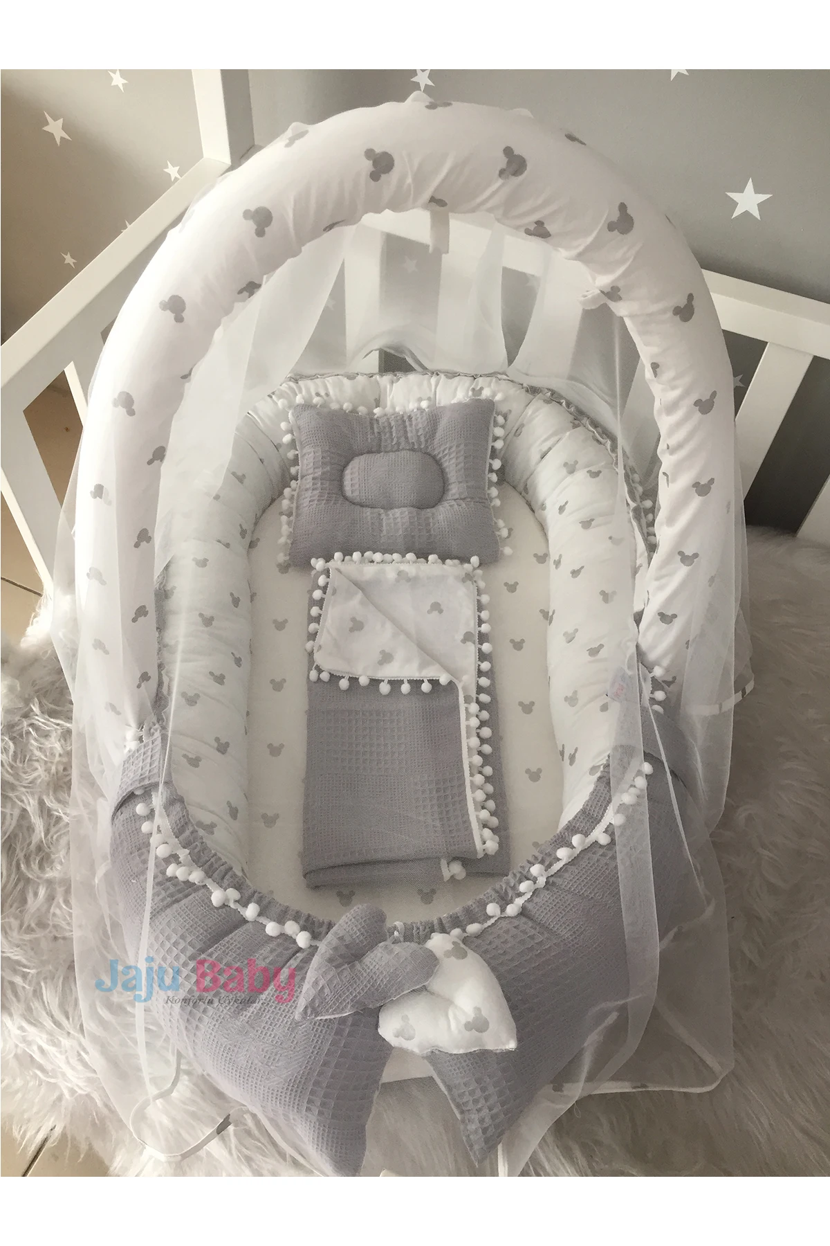 Jaju Baby Handmade Gray Waffle Pique Fabric Micky Design Pompom Babynest, Pique Toy Apparatus and Tulle Set Mother Side Portable