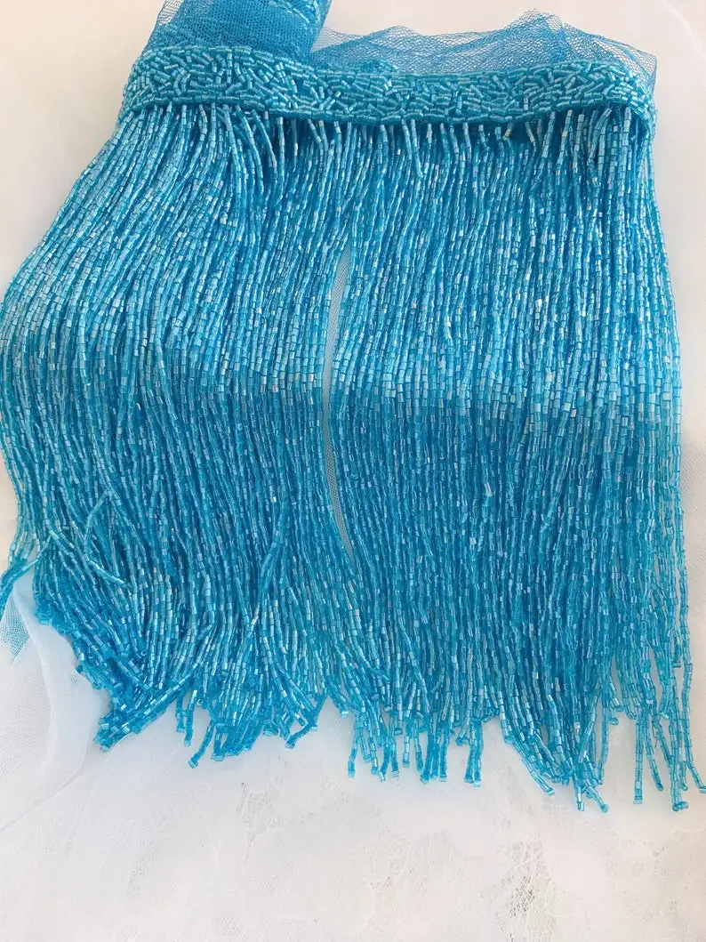 1.8 yards Vivid Blue Lace Trim Beaded Tassel Fringe DIY Latin Dress Stage Clothes Accessories Decorative Tassels for Curtains