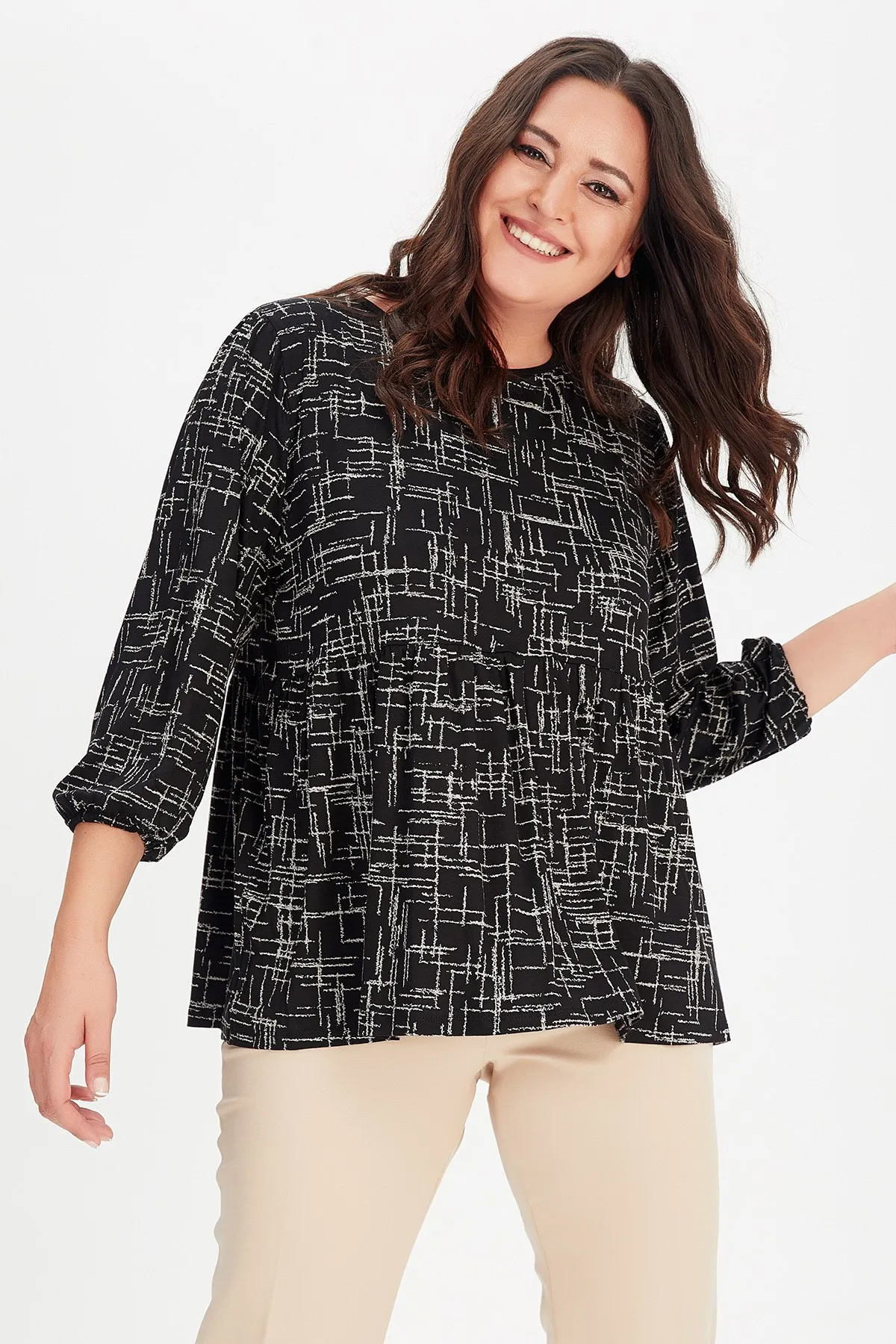 

New Season Fashion Plus Size Shir Sewing Back Laced Long Sleeve Printed Blouse Natural Viscose Soft Elastic Fabric