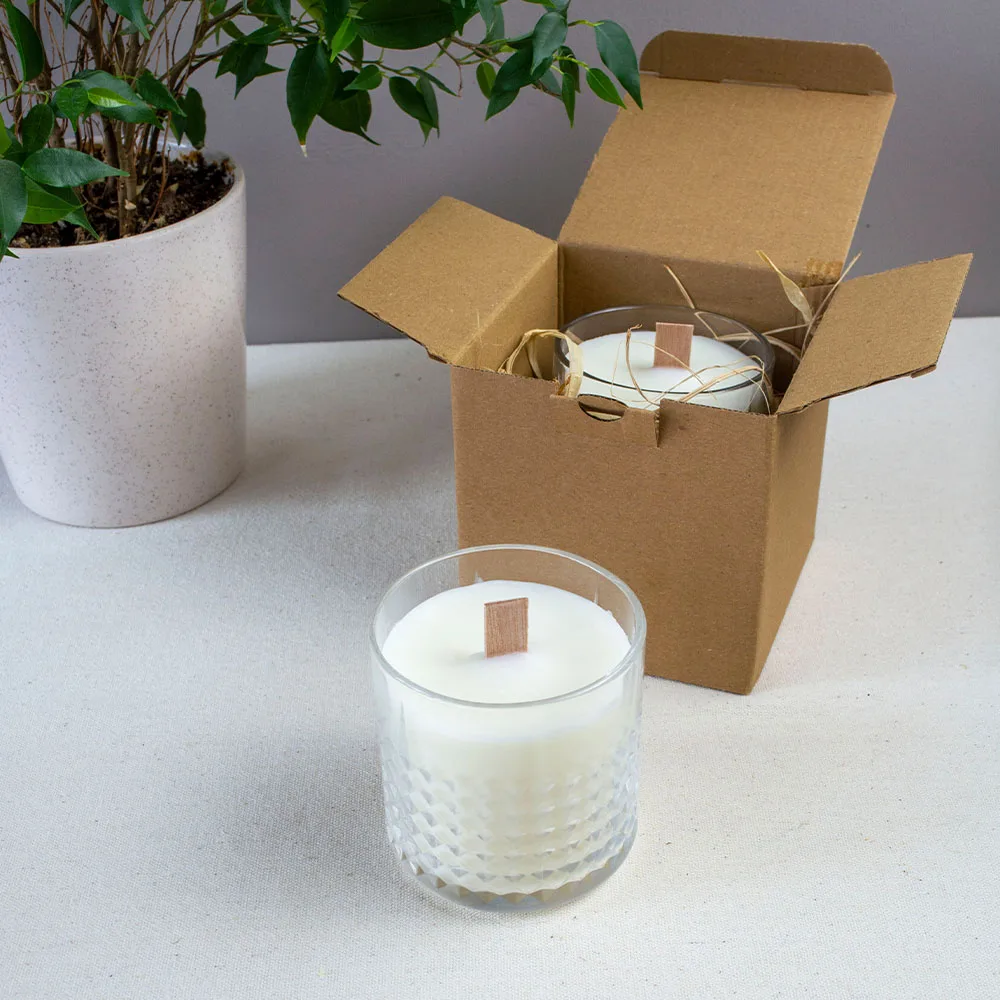 

Crystal Glass Amber Fresh Scented Medium Soy Candle 220 Gr Natural Wood Wick Handmade Organic Wax Luxury Home Decor