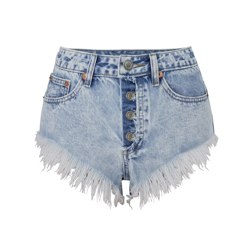 

2022 Summer Blue High waisted 100%Cotton Denim Shorts Women Breasted Jean Shorts Ripped Washed Ladies Beach Denim Shorts J026
