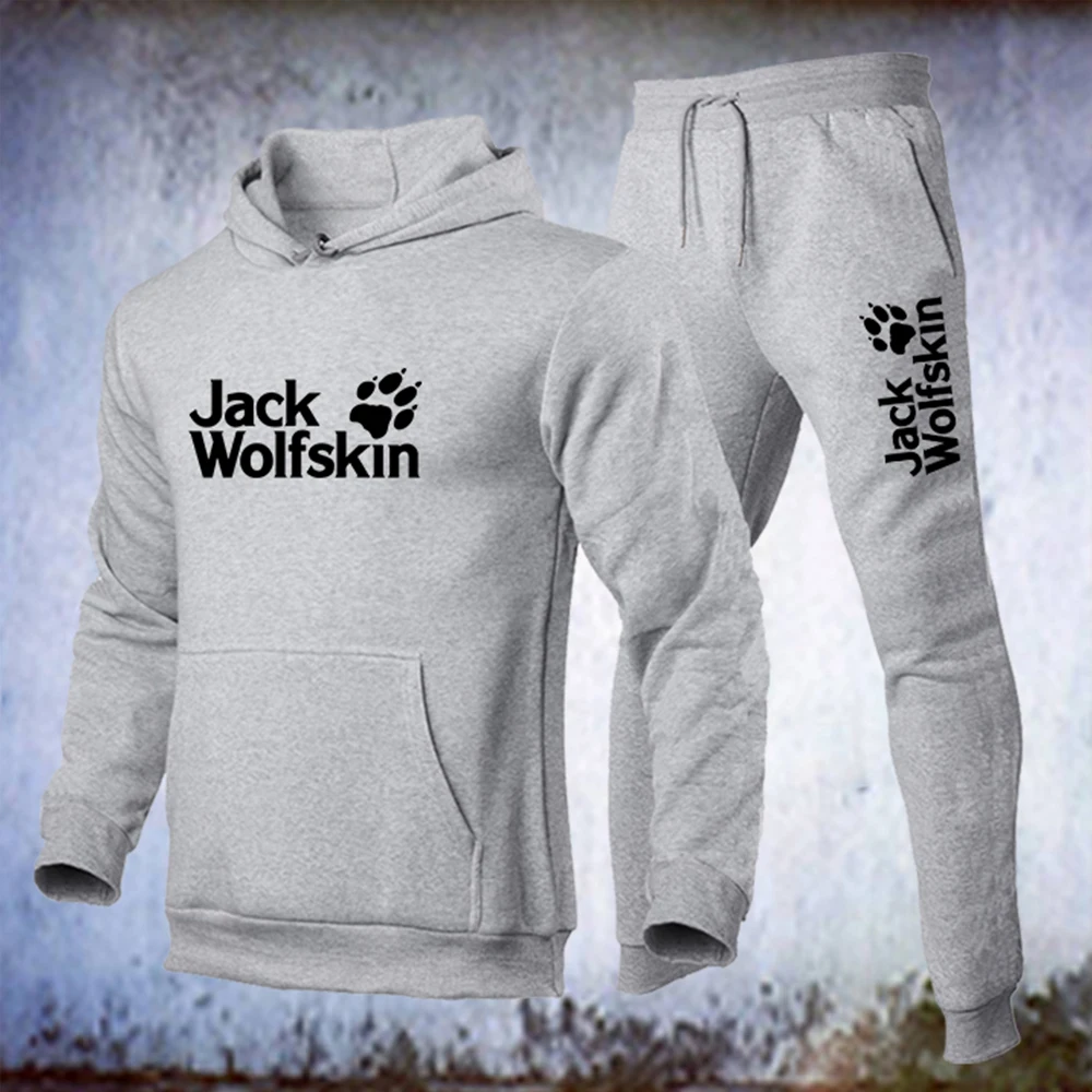 

Новинка 2022, мужская спортивная одежда Jack Wolf, Толстовка и спортивные штаны, высококачественный однотонный костюм для бега с капюшоном и длин...