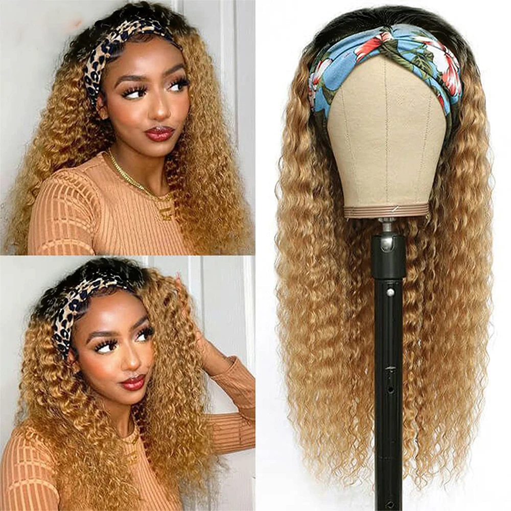 

Headband Curly Human Hair Wigs 150% Density Ombre Blonde Colored No Lace Front Half Wigs Deep Wave Full Machine Made Glueless