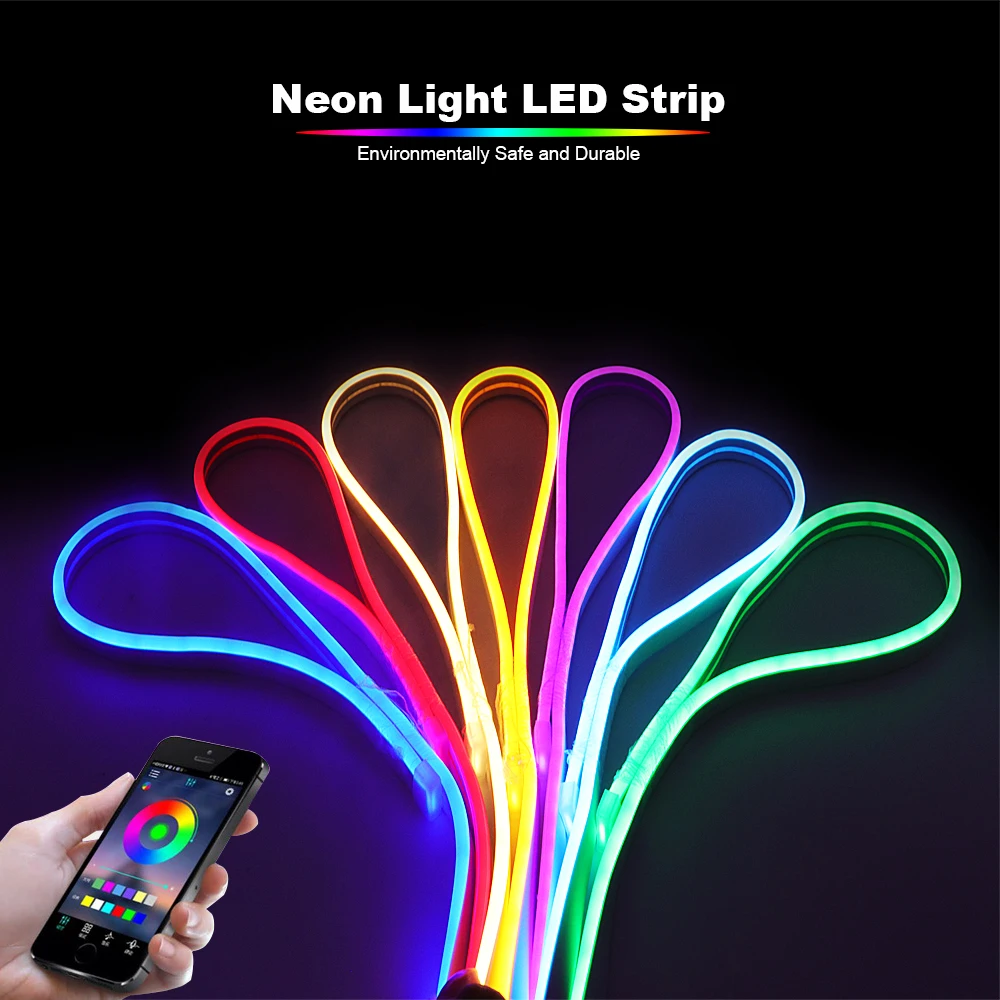 12V RGB LED Neon Strip Waterpoof Flexible Silicone Light Tape Dimmable Decor With Bluetooth-compatible Remote Control Power Kit |