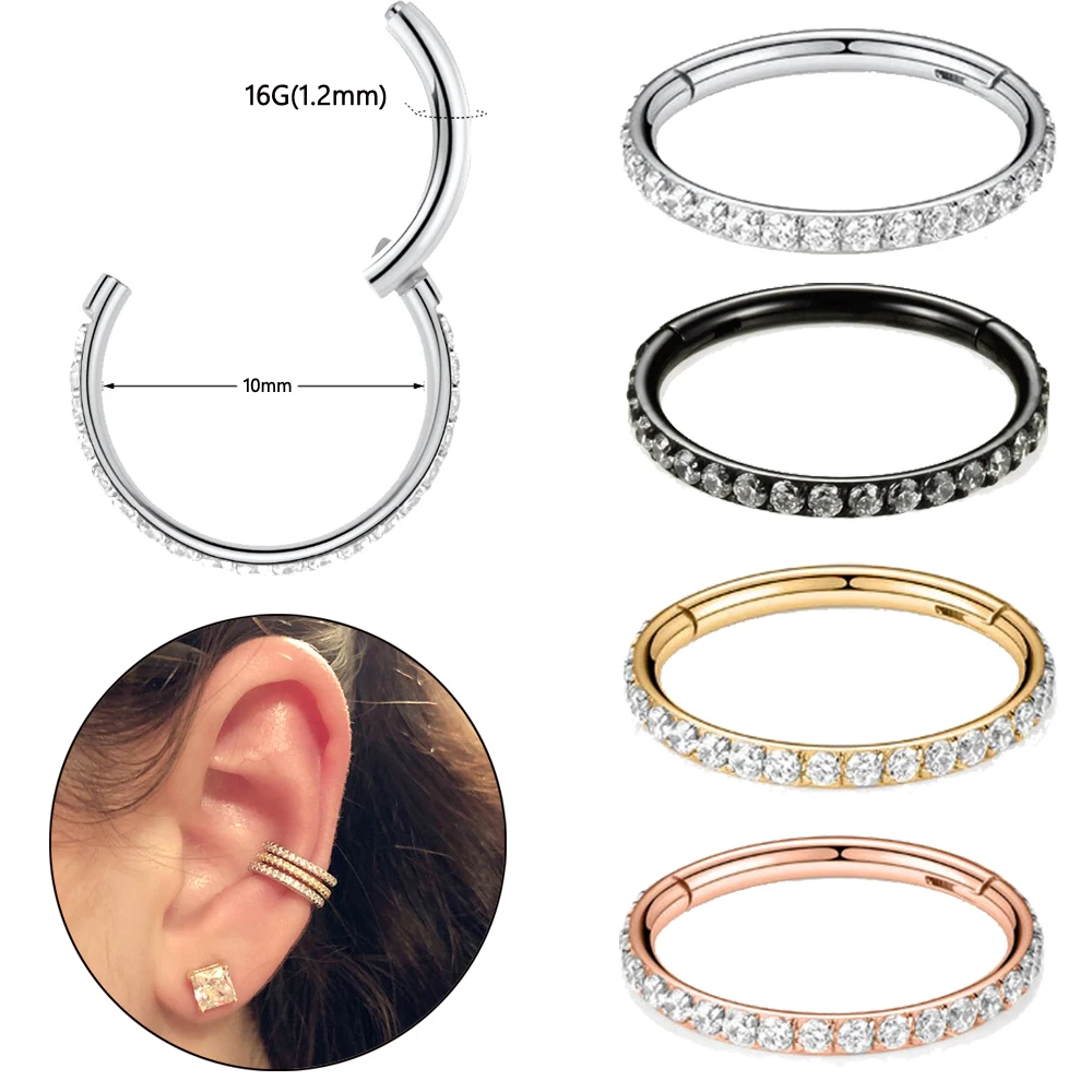 

4PCS Crystal Cartilage Earring 316L Surgical Stainless Steel Septum Clicker Side Paved Zircon Nose Hoop Segment Ring Piercing