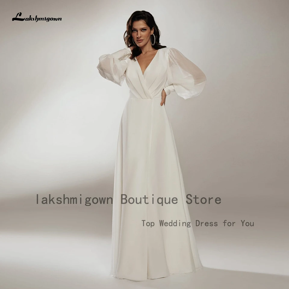 Lakshmigown Simple Bridal Wedding Reception Dress 2022 Robe Mariage Puffy Chiffon Long Sleeve Boho Wedding Gowns High Side Split simple wedding dresses