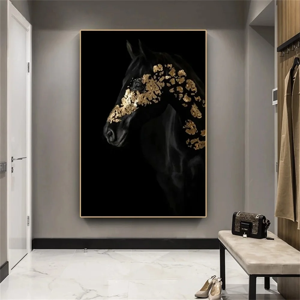 

Животное, холст, настенная живопись, картина, черная и Золотая лошадь, печатные плакаты, Современный домашний декор, подходит для гостиной, о...