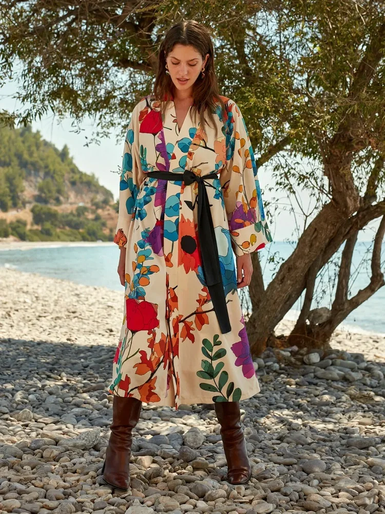 

Women Ecru Flower Printed Belted Long Kimono Cardigan Casual Blouse Spring Summer Vintage Swim Cover-Ups Female Beach New 2022