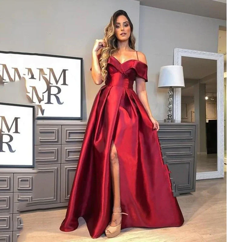 

2021 Satin Dresses Evening Sexy High Split Backless Off The Shoulder Long Prom Gowns Graduation Dress