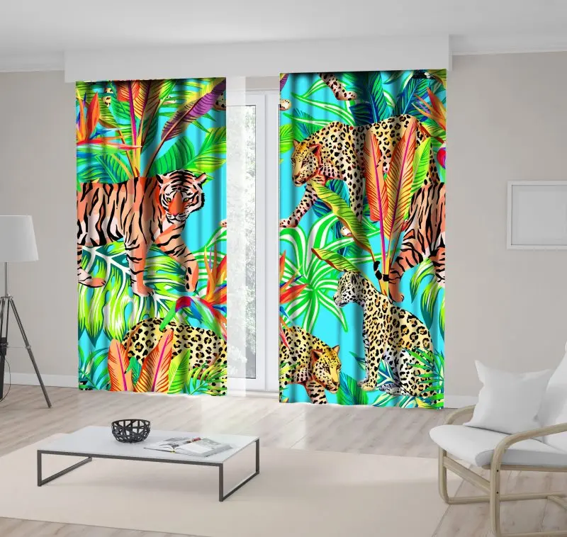 

Curtain Tiger and Leopards in Exotic Jungle Big Leaf Plants Trees Wildlife Animals Nature Artwork Blue Green Brown