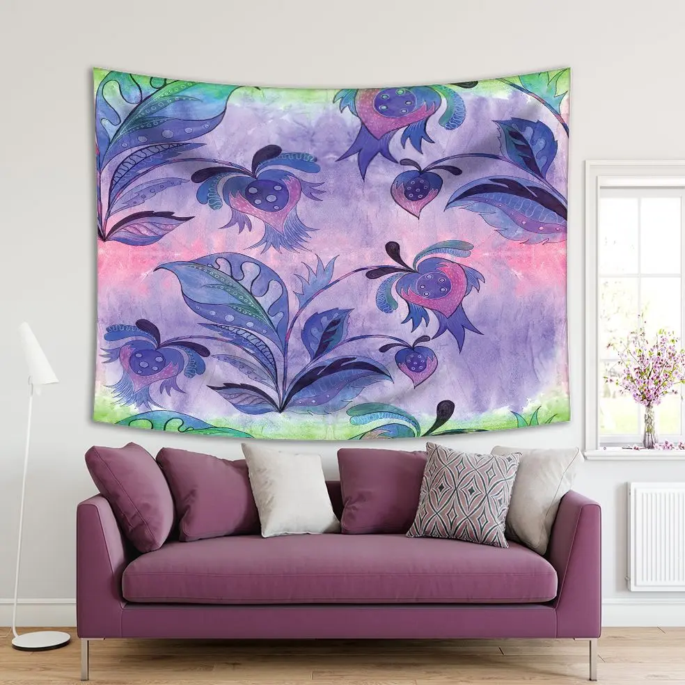 

Tapestry Ethnic Style Flower Composition Summer Garden Vintage Style Floral Artwork Green Purple Pink