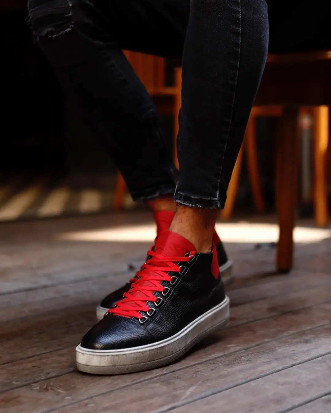 

100% Genuine Leather Casual Style Men Shoes Handmade Comfortable Durable-13697 BLACK AND RED