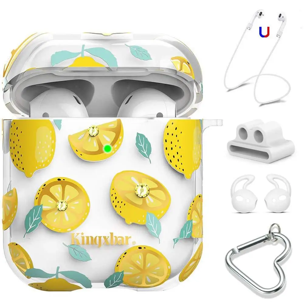 Чехол пластиковый Kingxbar для Airpods 2 (1) прозрачный лимоны со шнурком |