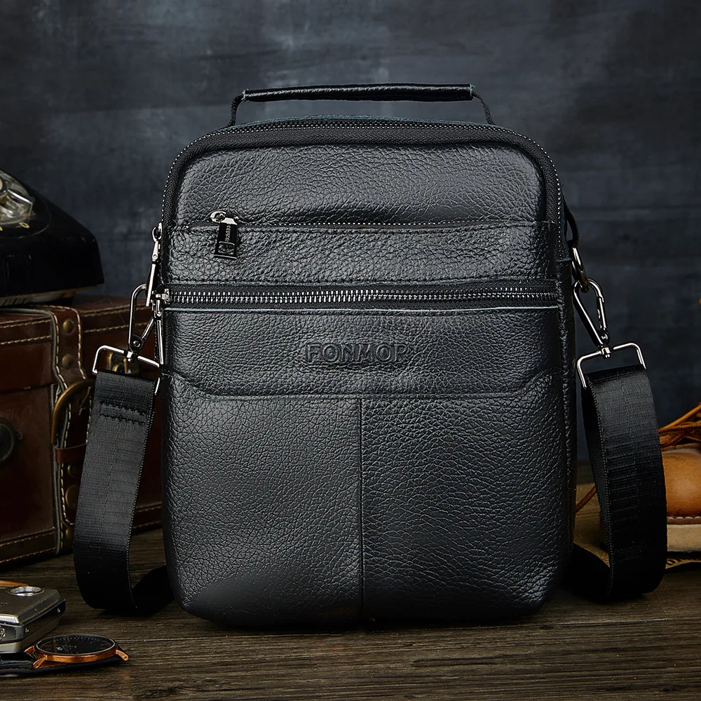 

New Fashion Real Leather Male Casual messenger bag Satchel cowhide 8" Pad Cross-body Shoulder bag For Men in Black Color