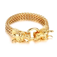 mens punk double dragon head herringbone chain bracelet for men braslet stainless steel gold tone hip hop male jewelry 22 5cm