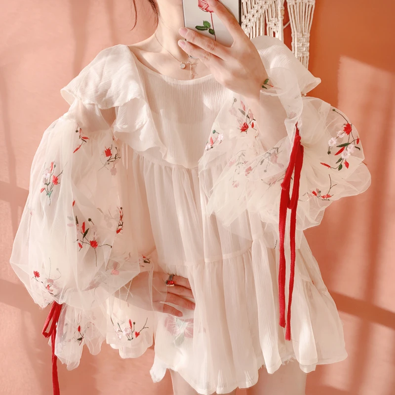 Summer Women Mori Kei Girls Floral Embroiderey Vintage Lantern Sleeves Sweet Girly Ruffled Mesh Chiffon Shirts/Blouses