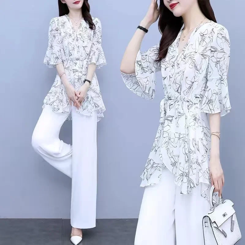 Women's Summer 2022 Chiffon Slim professional Wide Leg Pants White Short Sleeved Trousers Fashion Two-piece Set