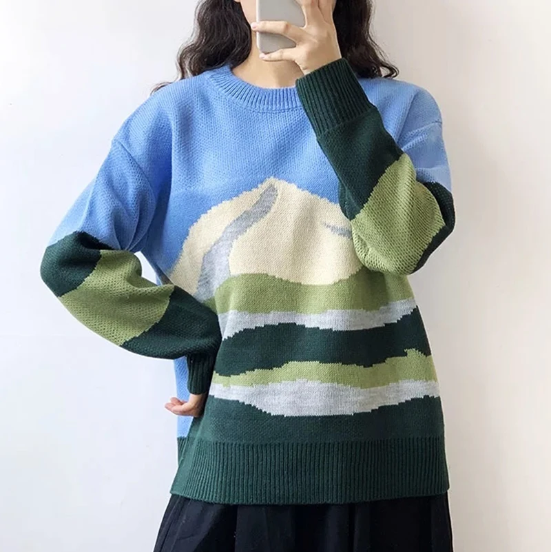 Осень и зима 2019 корейский стиль рисунок гор свитер женский свободный круглый