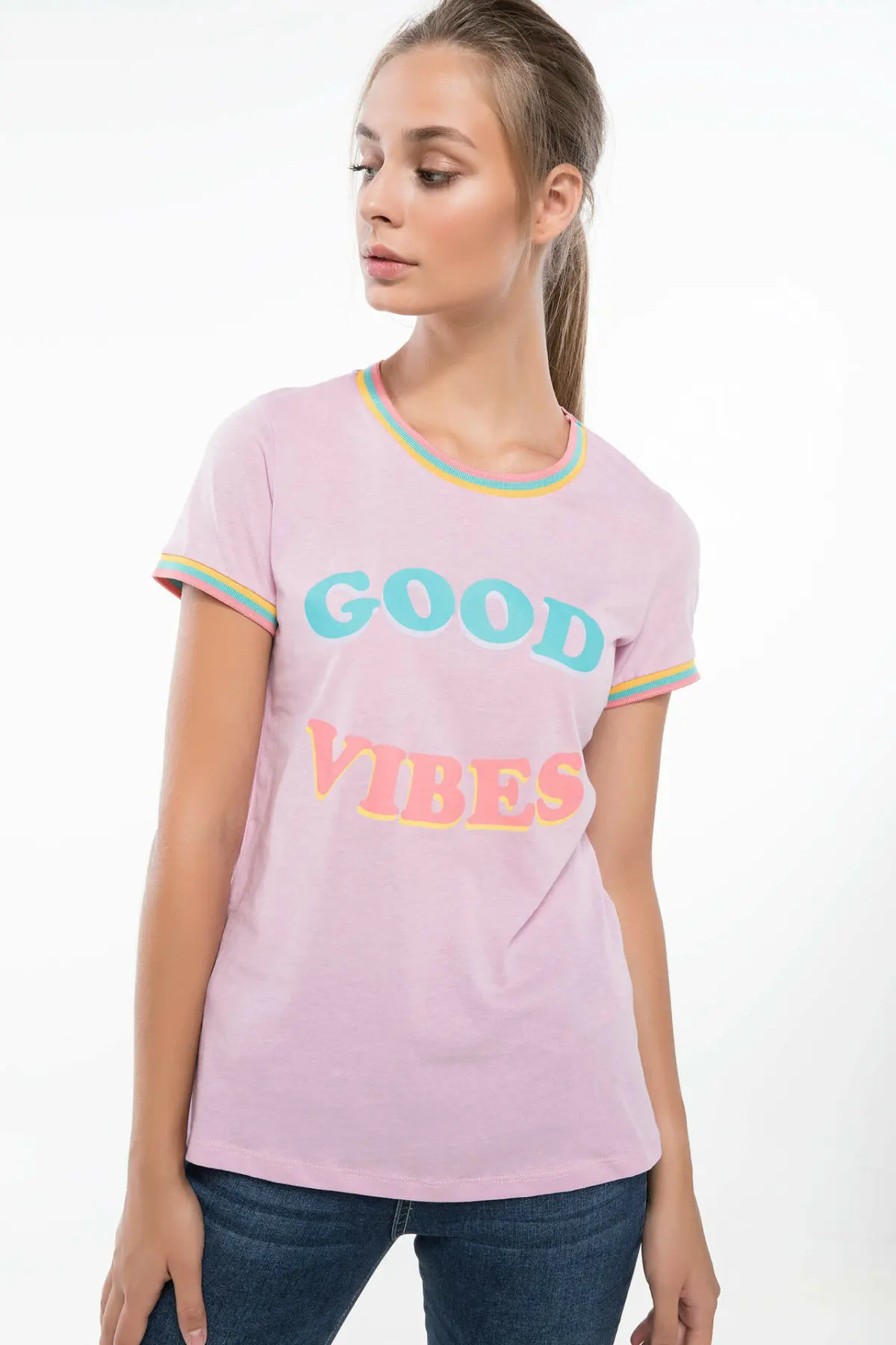 DeFacto Женская модная свободная футболка с круглым вырезом и коротким рукавом