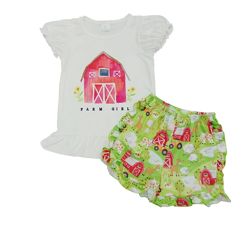 

New Fashion Farm Girl Print White Shirt With Green Ruffle Shorts Summer Outfit Soft Baby Girls Boutique Clothing