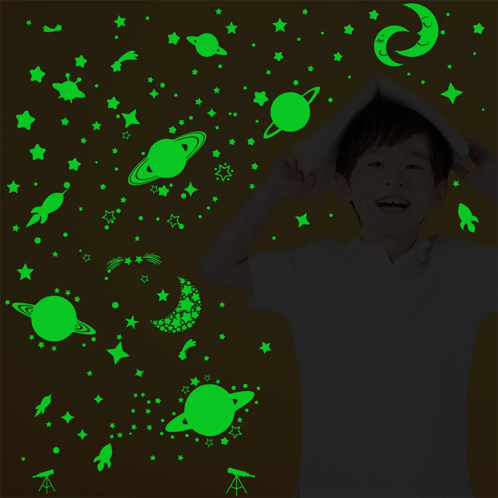 

Kids Bedroom Fluorescent Glow In The Dark Wall Stickers Space Star Planet Luminous Glow Sticker Plastic 3D Wall Decal