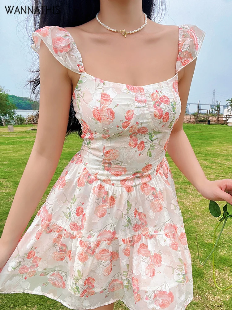 

WannaThis Y2K Women Mini Tank Dress 2022 Backless Floral Square Collar Sleeveless Sexy Boho Party Beachwear Summer Clothing 2022