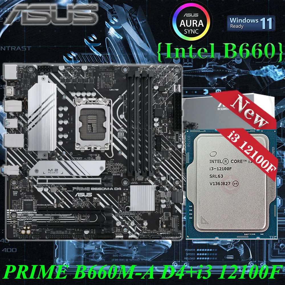 

LGA 1700 ASUS PRIME B660M-A D4 Motherboard Set Combo+i3 12100F DDR4 128G 5333OC PCIe 4.0 12th Intel B660 ATX Placa-mãe Kit New