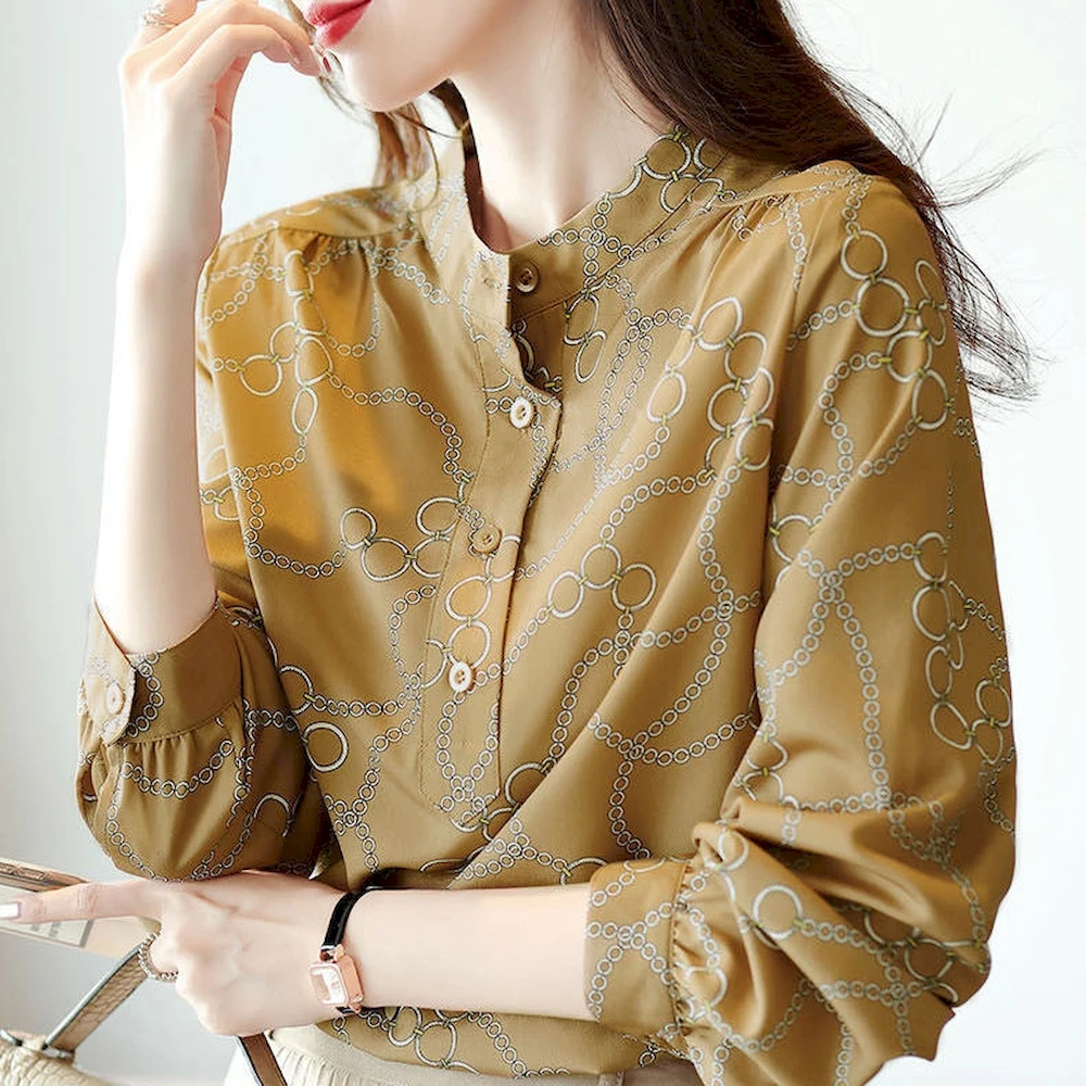 

Women Long Sleeve Female Polyester Khaki Stand Collar Print Lady Blouse New Chiffon Shirt Loose Top Spring Autumn MTW600135