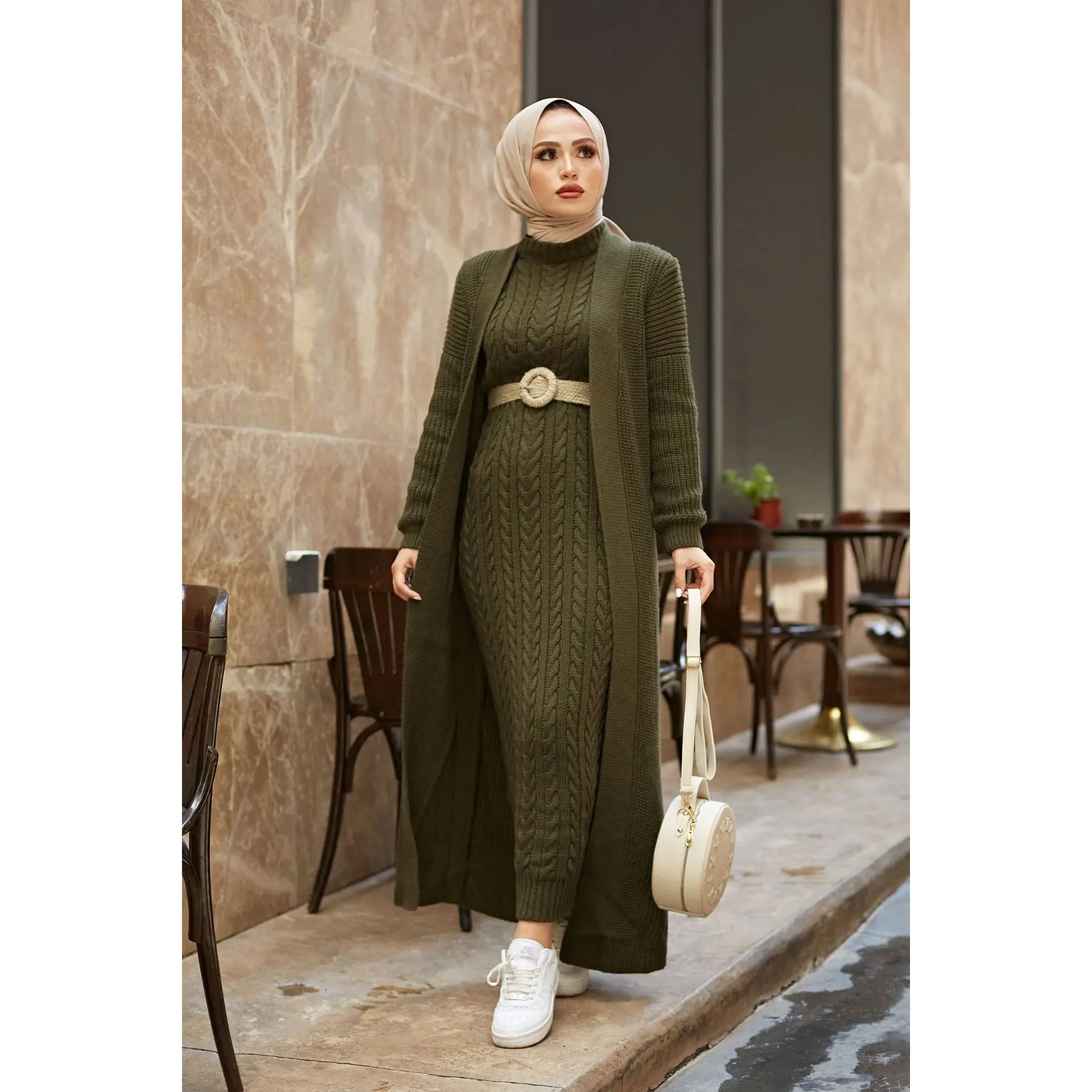 Muslim Women's 2 Piece Winter Dress Set Thick and Chunky Long Cardigan and Turtleneck Embroidered Long Thick Dress Abaya Kaftan