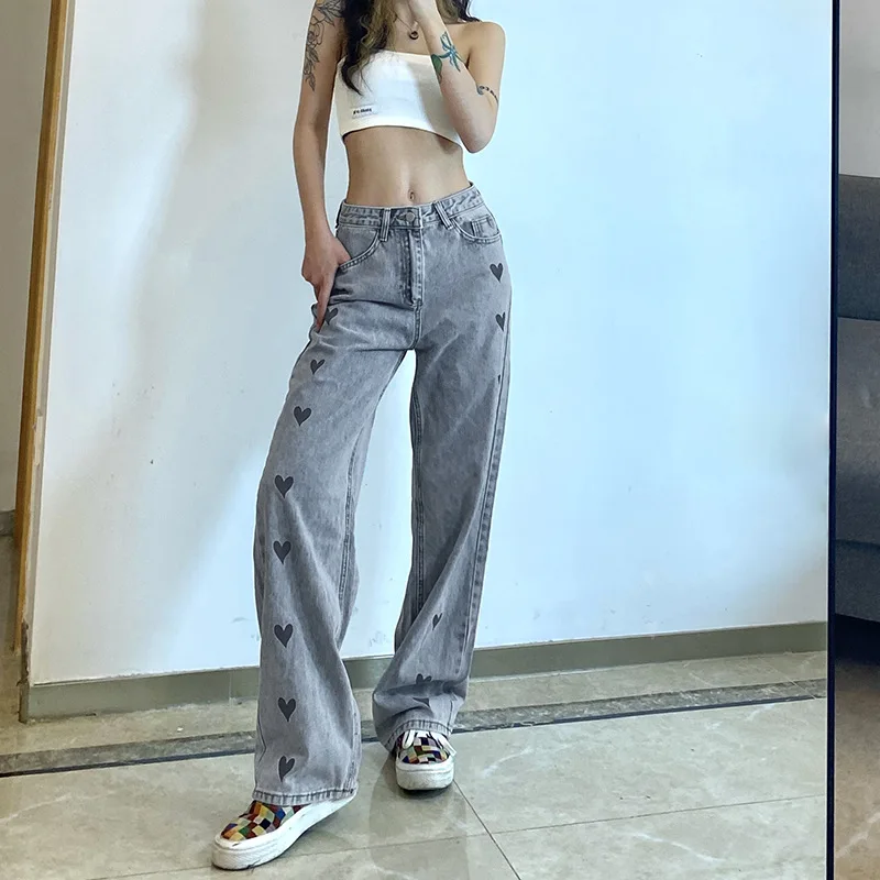 

Y2K High Waist Wide Leg Pants Women 2021 Korean Heart Baggy Mom Jeans Vintage Boyfriend Denim Trousers Fashion Streetwear Blue