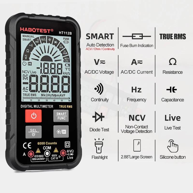 HT112B Capacitor Tester Multimeter Digital Smart Professional Automotive Voltmeter HABOTEST Mini AC DC Ohm Hz Transistor Tester