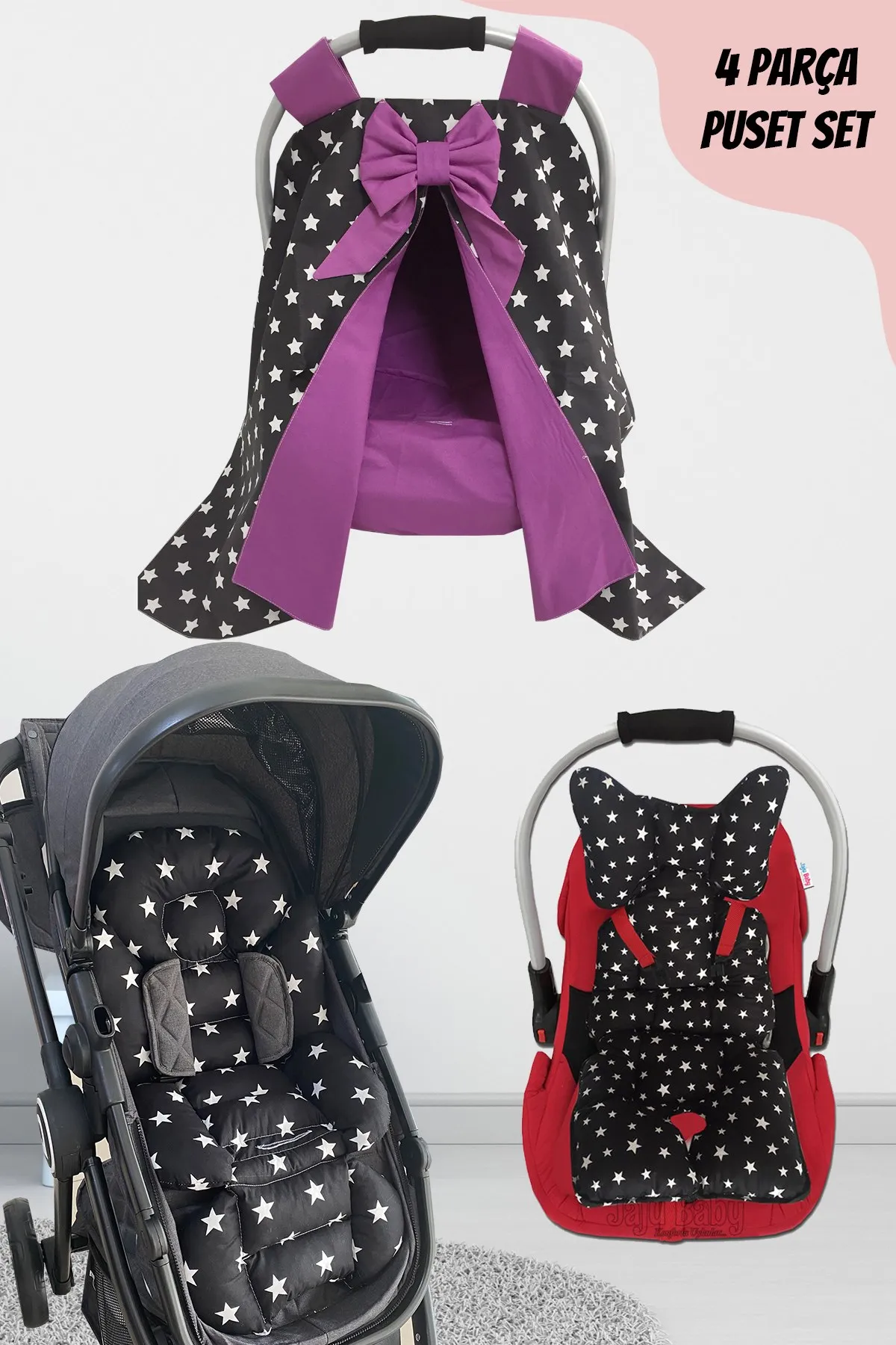 Jaju Baby Handmade, Black Star Purple 4-Piece Stroller Set (With Handle)