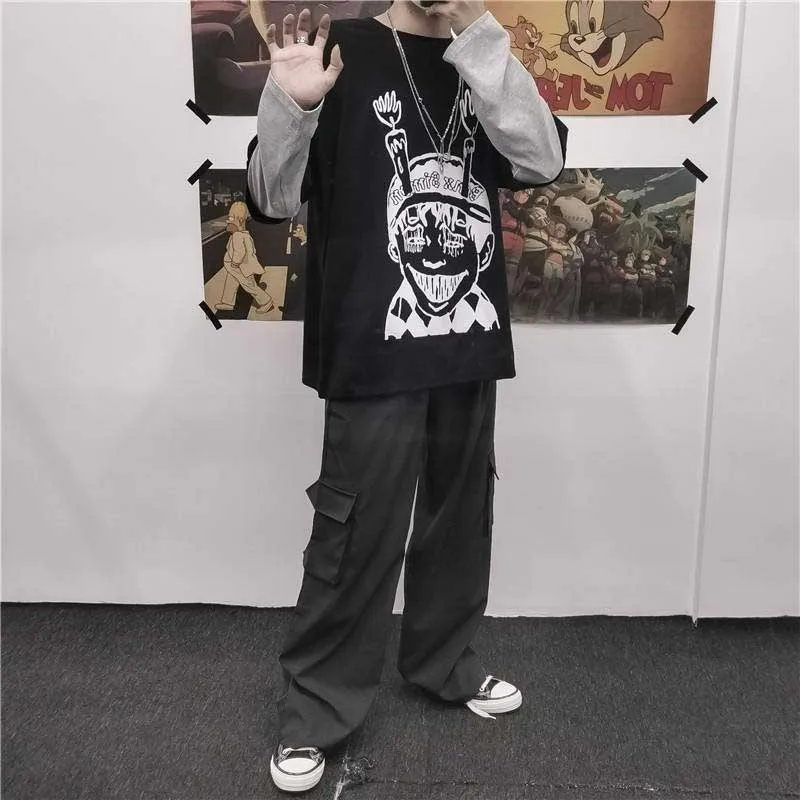 NiceMix Harajuku футболка женская поддельная 2 шт. принт японский Fujiang Ужасы комиксы длинный рукав рубашка Женская Vetement Femme