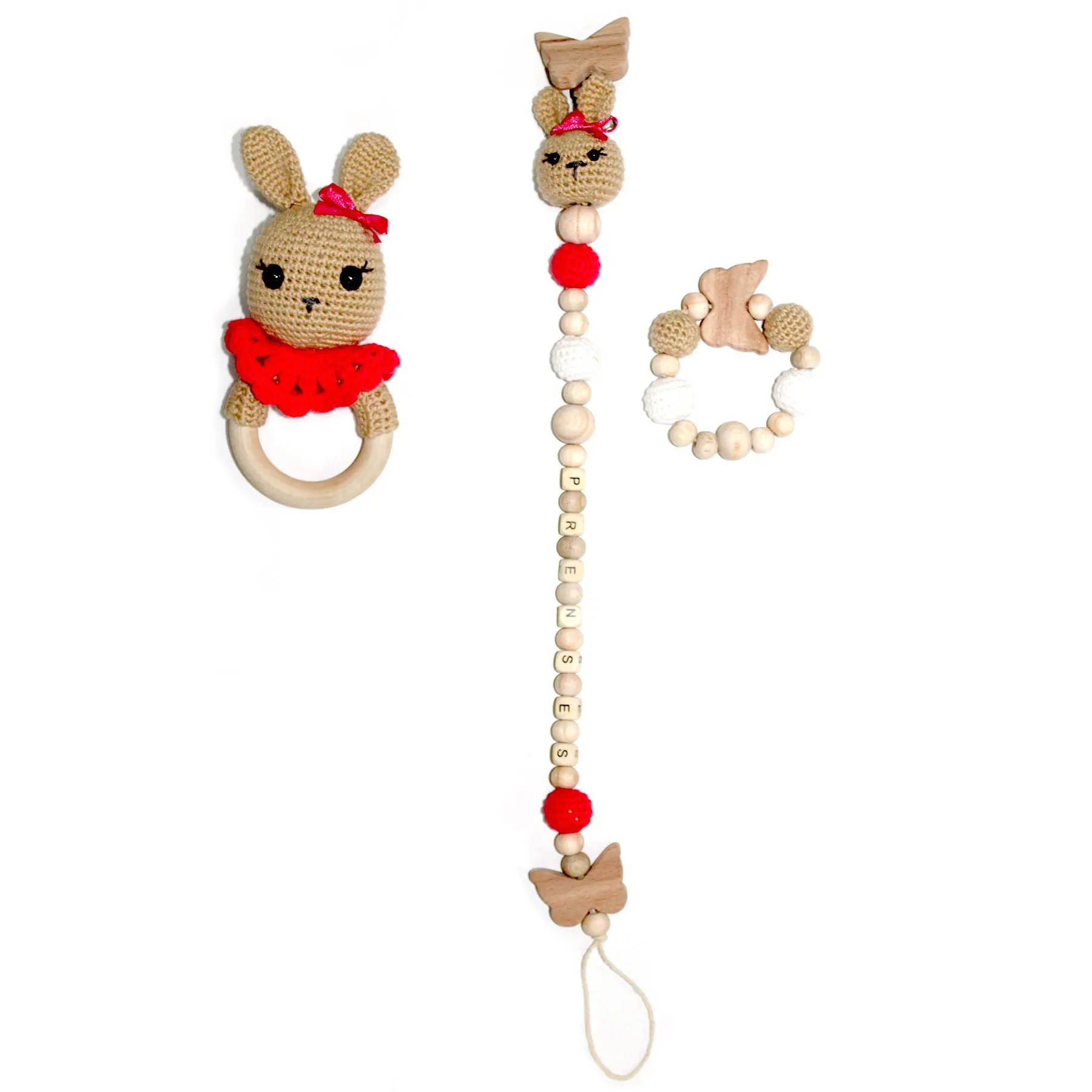 

Amigurumi Coffee Rabbit Rattle-Teether-Pacifier Hanger 3'lü Set