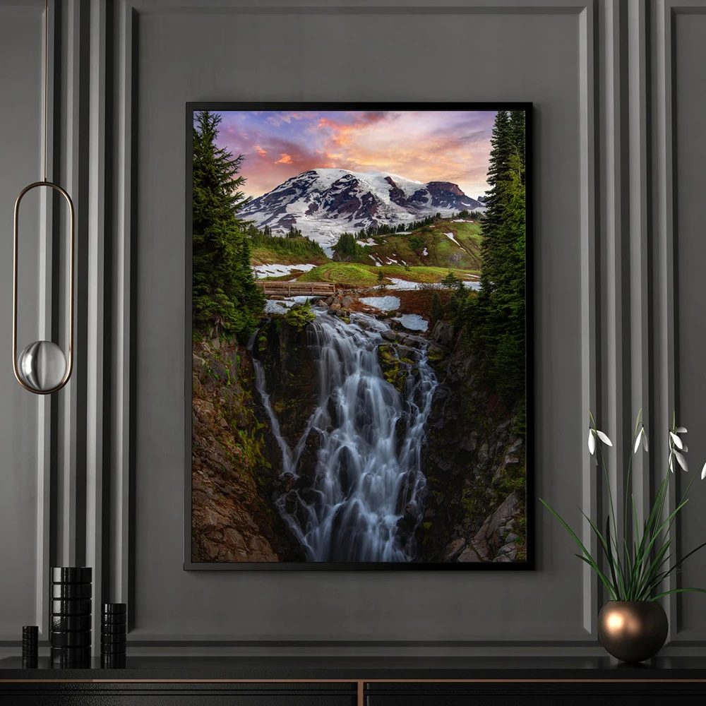

Mount Rainier Art Poster and Printed Canvas Painting Valley Waterfall Modern Mural Cuadros Pictures for Living Room Home Decor