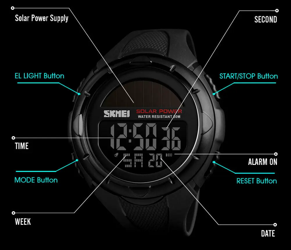 Часы Solar Watch Skmei 1405 на солнечной батарее спортивные мужские водонепроницаемые с