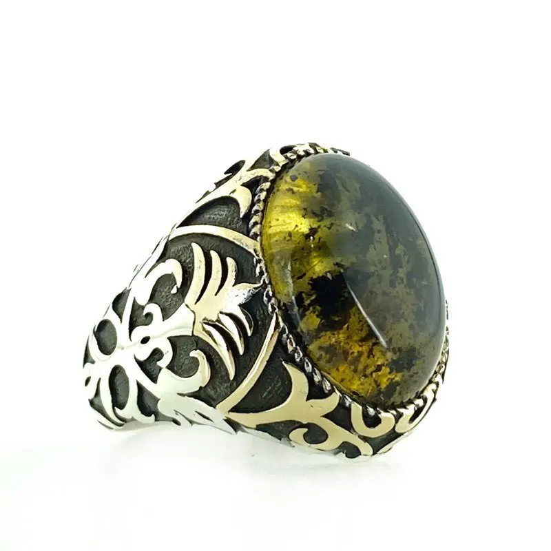 Оригинальное серебряное мужское кольцо ручной работы из янтаря|Кольца| |