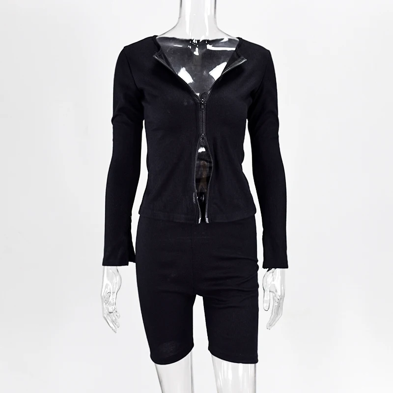 NewAsia Garden Double Zipper Two Piece Set T Shirt And Shorts Matching Sets Women Ribbed Long Sleeves Two Piece Outfits Black