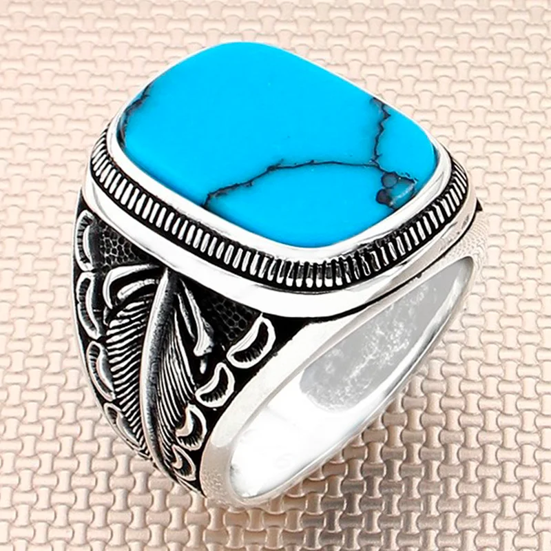 Vintage Men's Ring Real Pure Sterling Silver 925 With Blue Stone Turquoise Gemstone Gift For Him Handmade Turkish Jewelry